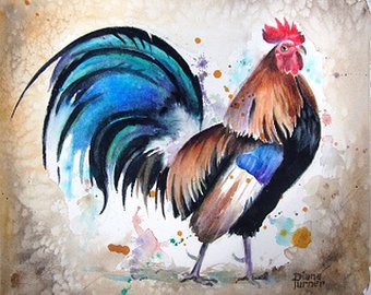340x270 Watercolor Painting Original Rooster Limited Edition Giclee - Watercolor Rooster Paintings