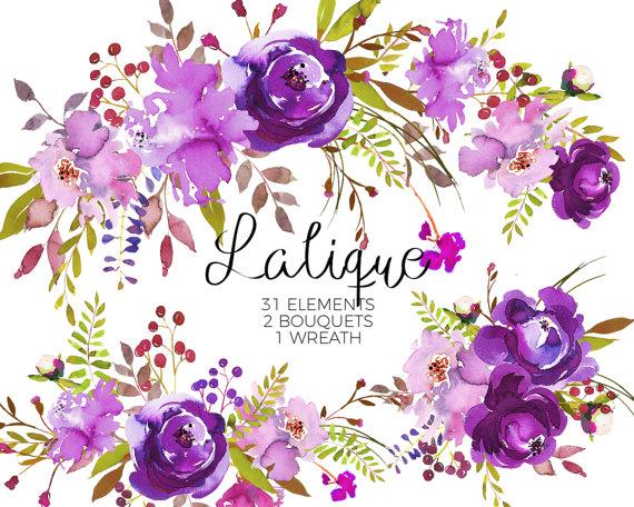570x456 Purple Watercolor Flowers Clipart Set Wedding Floral Bouquets - Watercolor Rose Clipart