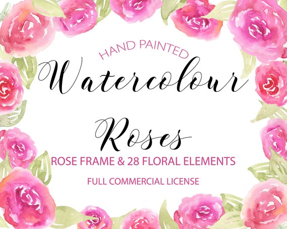 570x456 Watercolor Rose Clipart Pink Rose Clipart Floral Frame Etsy - Watercolor Rose Clipart
