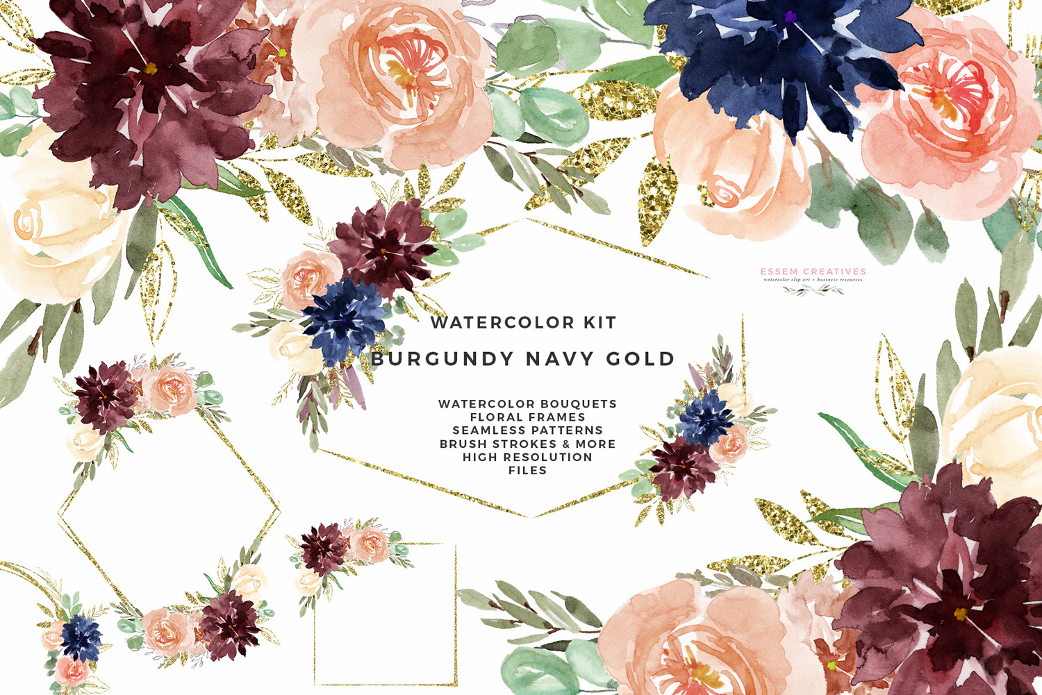 1500x1001 Burgundy Navy Gold Watercolor Flowers Clipart, Geometric Gold - Watercolor Rose Clipart