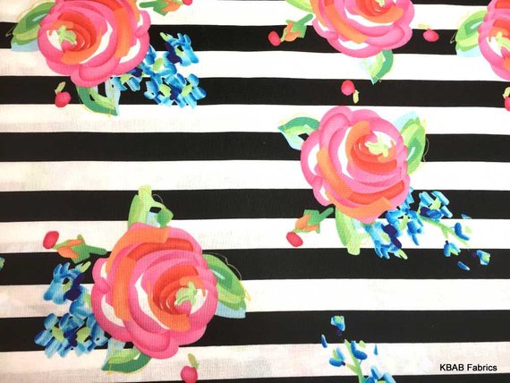 570x428 Floral Stripe Fabric Black Amp White Watercolor Rose Fabric By Etsy - Watercolor Rose Fabric