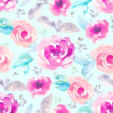 470x470 Hand Painted Pink + Mint Watercolor Flowers Fabric - Watercolor Rose Fabric