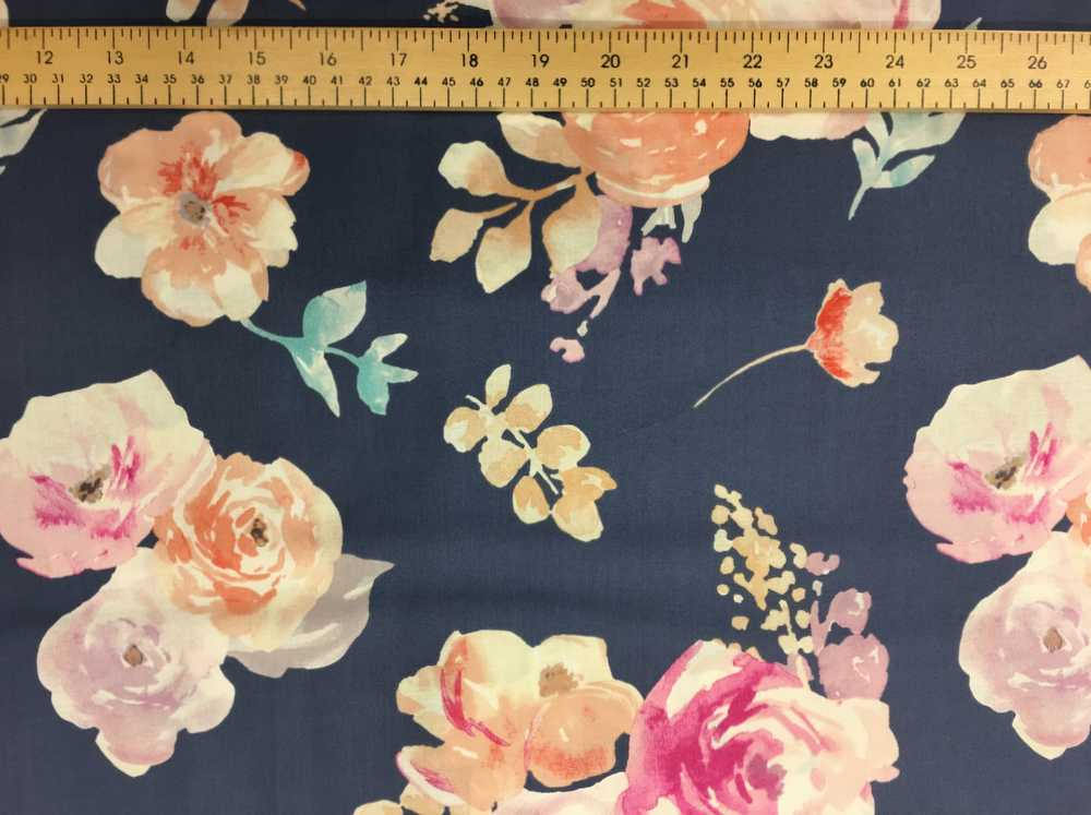 1000x747 Pink Peach Watercolor Rose Floral Navy Blue Roses Flowers Cotton - Watercolor Rose Fabric