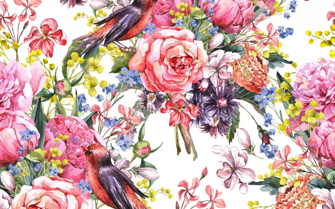 1120x700 Painting Watercolor Flowers Birds Wallpaper 2560x1600 848746 - Watercolor Rose Wallpaper