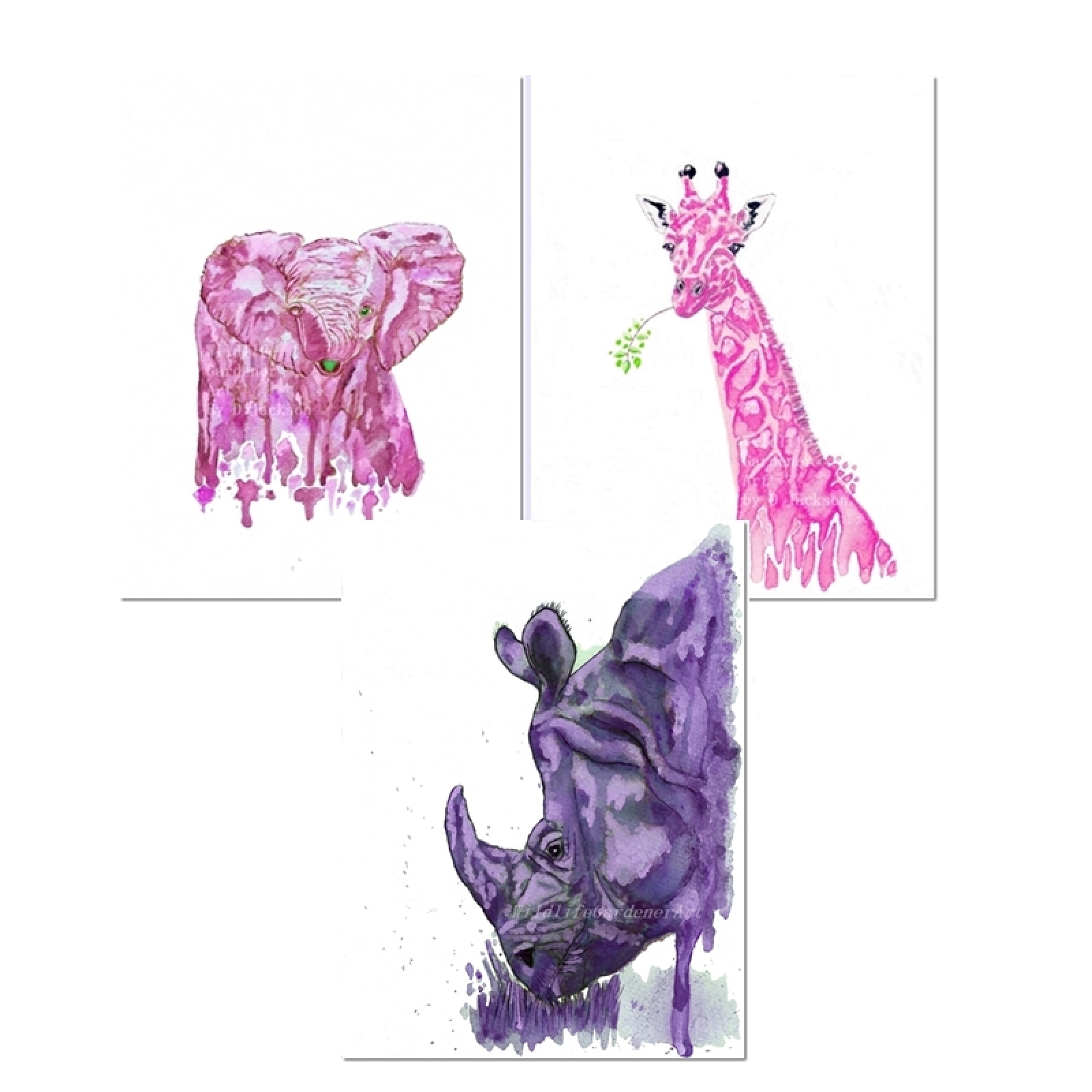 1600x1600 Pink, Purple Safari Animals, Modern Watercolor Art Prints, Set Of - Watercolor Safari Animals