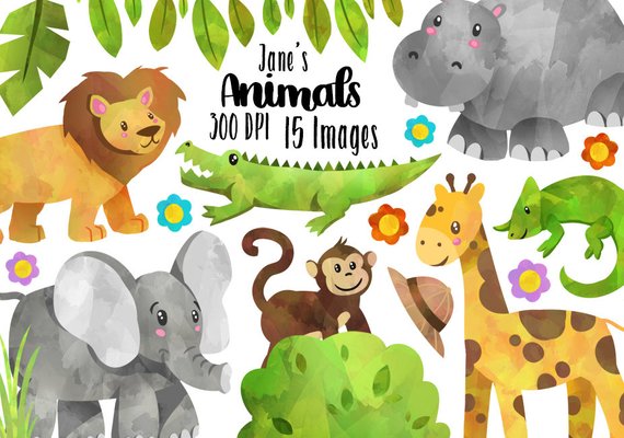 570x400 Watercolor Safari Animals Clipart Wild Animals Download Etsy - Watercolor Safari Animals