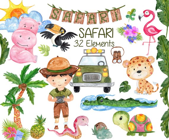570x475 Watercolor Safari Animals Clipart African Animals Etsy - Watercolor Safari Animals