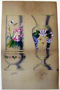 201x300 Original Watercolor Samples Of Bristol Glass Decorations C. 1880 - Watercolor Samples