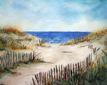 340x270 Birds And Boat Original Watercolor Painting Of Beach Scene - Watercolor Sand Dunes