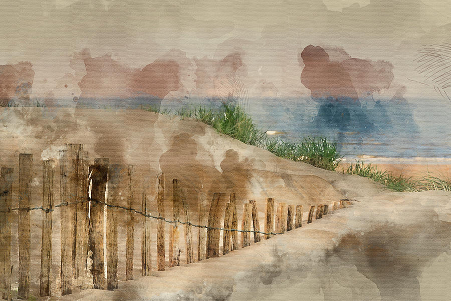 900x602 Watercolor Painting Of Grassy Sand Dunes Landscape At Sunrise - Watercolor Sand Dunes