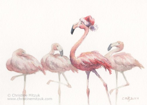 504x360 Christmas Flamingo Christine Mitzuk Art - Watercolor Santa