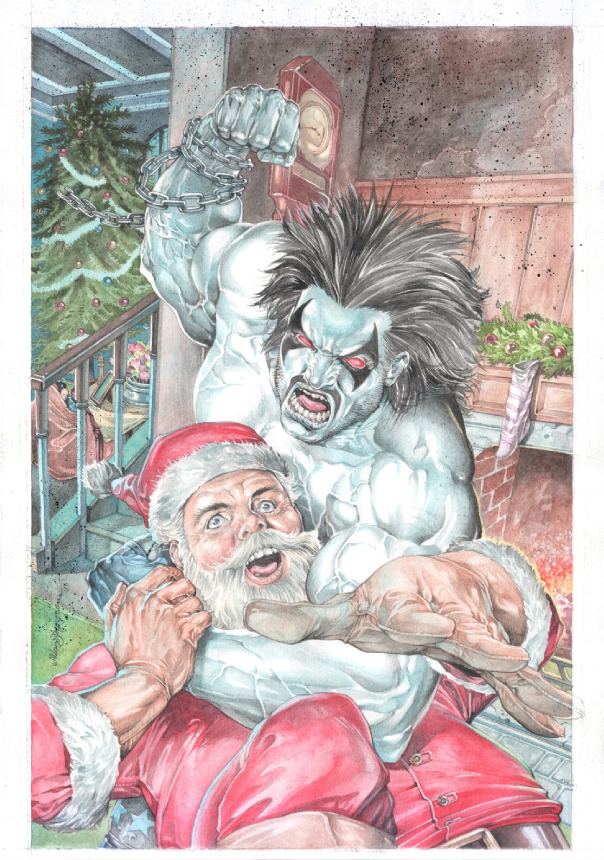 878x1250 Lobo Vs Santa Claus Watercolor Illustration For Sale - Watercolor Santa Claus