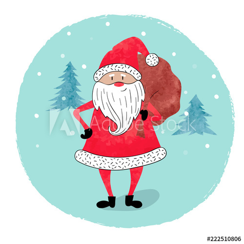 500x500 Merry Christmas Card Design. Watercolor Santa Claus With A Bag Of - Watercolor Santa Claus