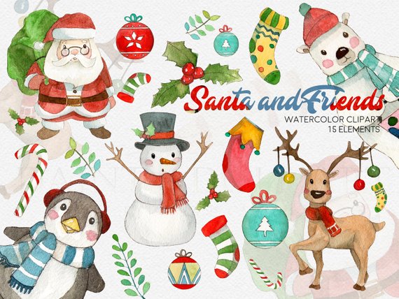 570x428 Santa Claus Clipart Watercolor Digital Download Christmas Etsy - Watercolor Santa Claus