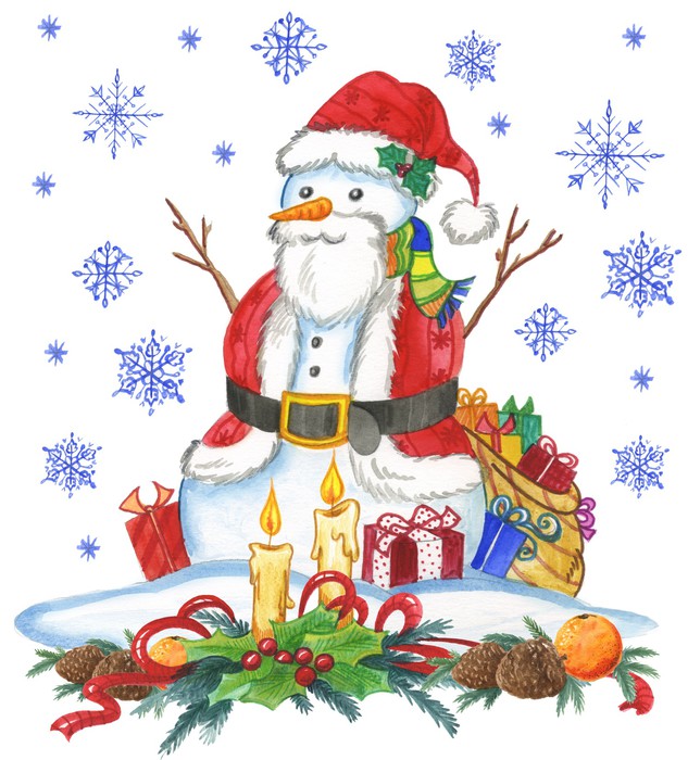 633x700 Snow Man In Santa Claus Dresses, Watercolor Wall Mural Pixers - Watercolor Santa Claus