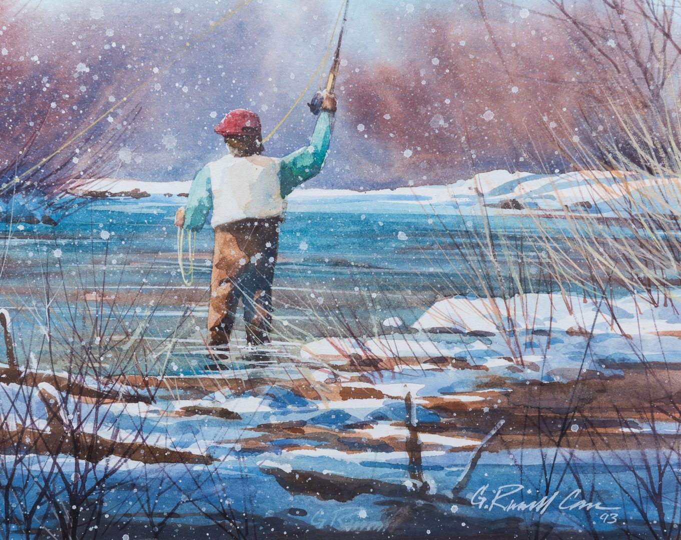 1361x1080 Lot 408 G. Russell Case Watercolor, Fly Fishing Scene - Watercolor Scene