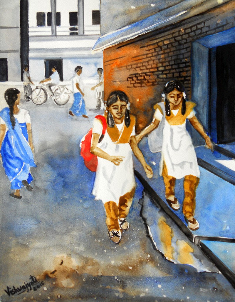 800x1027 School Chalein By Artist Vishwajyoti Mohrhoff Figurative Art - Watercolor School