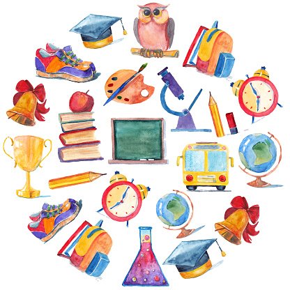 416x416 Watercolor Icons School And Education Stock Vectors - Watercolor School
