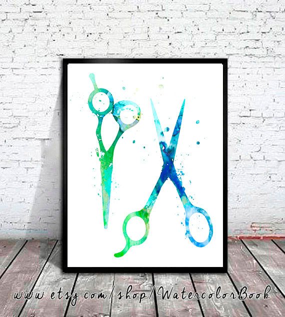 570x634 Haircutting Shears Watercolor Print Hair Salon Art Scissors Etsy - Watercolor Scissors