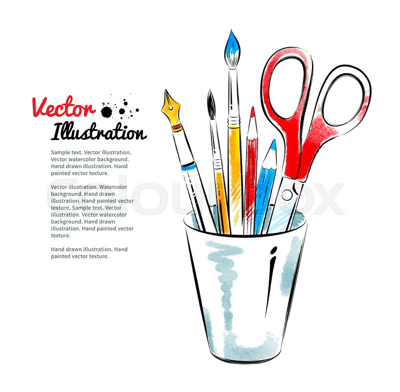 800x783 Brushes, Pen, Pencils And Scissors In Holder. Hand Drawn - Watercolor Scissors