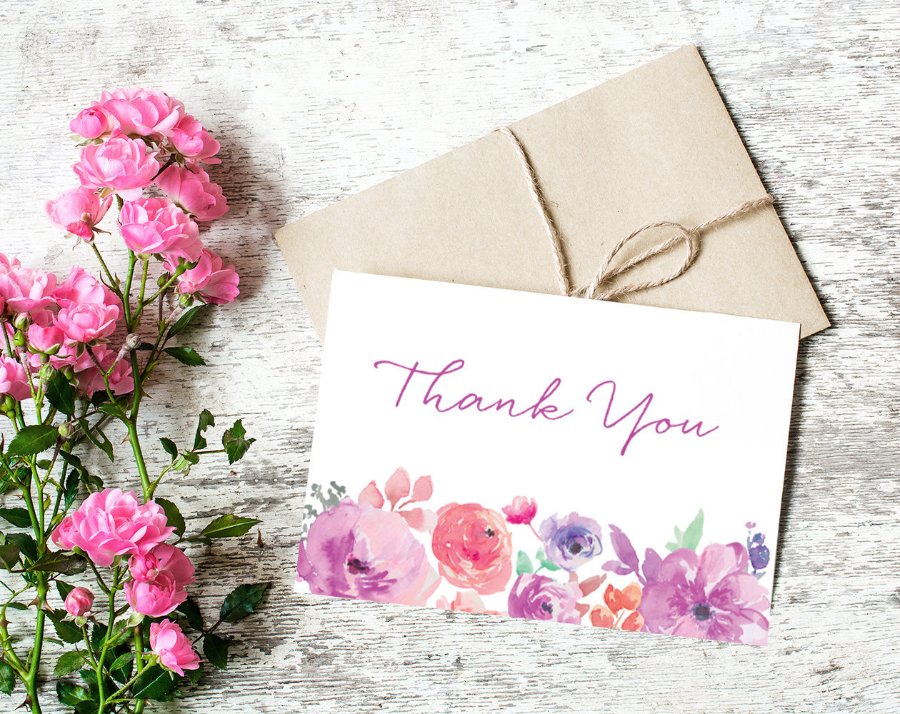 1260x1000 Thank You Card Printable, Spring Florals, Floral Watercolor - Watercolor Script Font