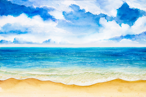 500x331 Beach With Sea Watercolor Painting Background Vector 02 Free Download - Watercolor Sea