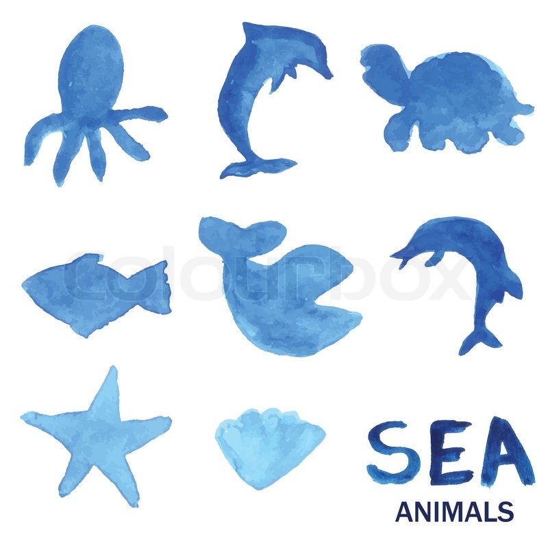 800x800 Blue Hand Drawn Watercolor Painted Sea Animals Set. Vector - Watercolor Sea Animals