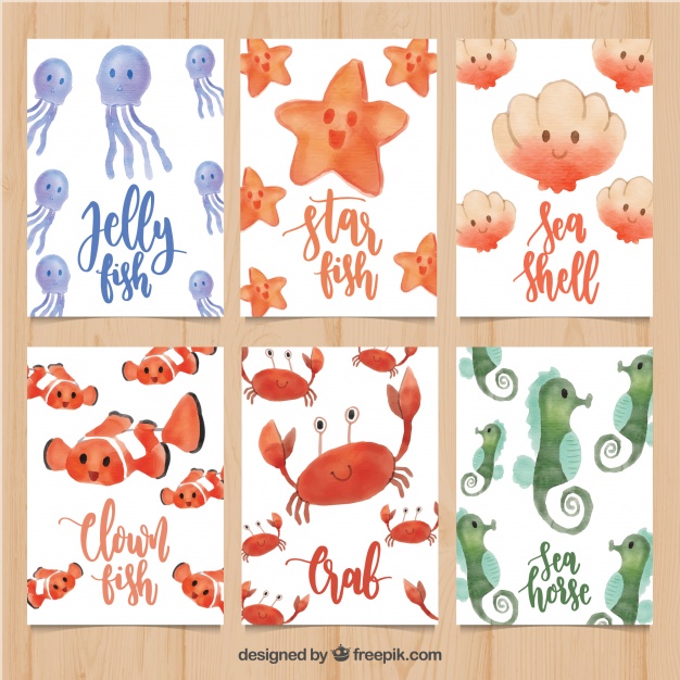 626x626 Set Of Watercolor Cards With Sea Animals Vector Free Download - Watercolor Sea Animals