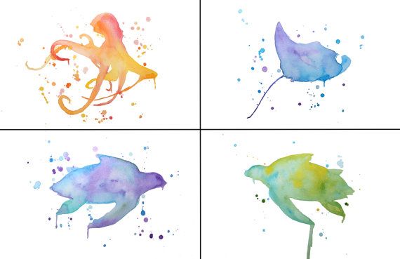 570x369 Sea Creatures Watercolor Prints Set Abstract Turtles, Stingray - Watercolor Sea Creatures