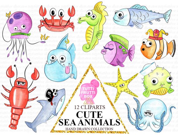 570x436 Watercolor Cute Sea Animals Clipart Ocean Creatures Clip Art Etsy - Watercolor Sea Creatures