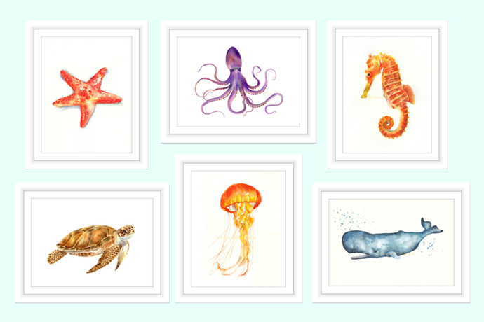 690x460 Sea Life Set Of 6 Prints, Watercolour By Breezy Bird Goodies On Zibbet - Watercolor Sea Life
