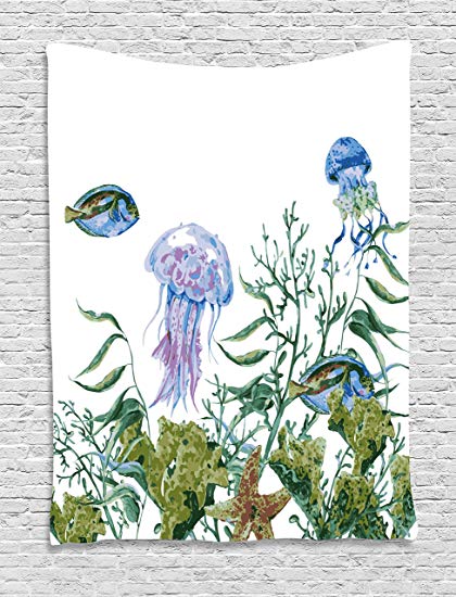 420x550 Ambesonne Ocean Tapestry, Watercolor Style Effect Sea - Watercolor Sea Life