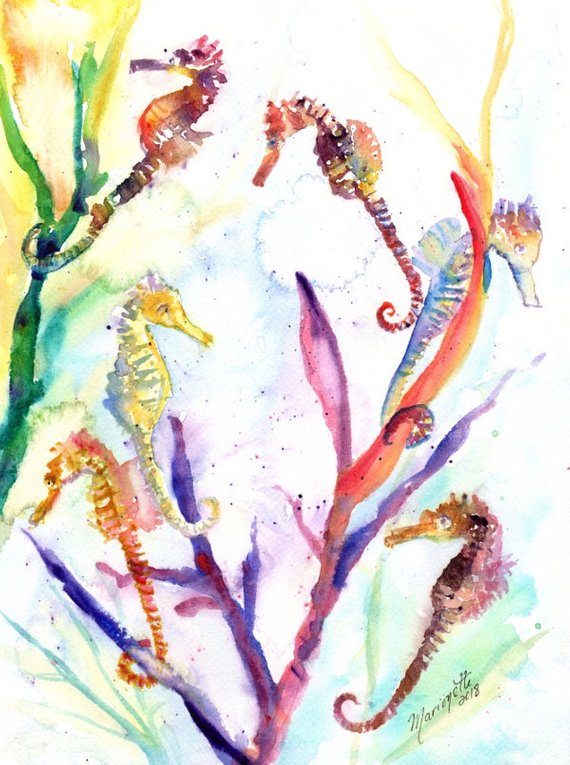 570x765 Seahorse Painting Watercolor Sea Horse Sea Life Watercolor Etsy - Watercolor Sea Life