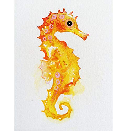 485x500 Golden Watercolor Seahorse Giclee Print, Sealife Decor - Watercolor Seahorse
