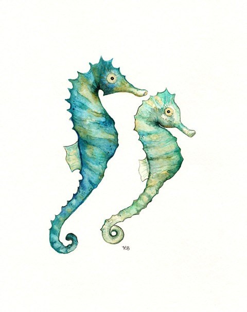 480x607 Charming Green And Blue Watercolor Seahorse Couple Tattoo Design - Watercolor Seahorse