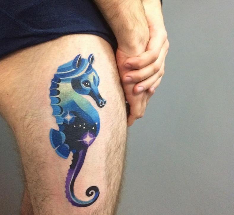 789x727 Watercolor Seahorse Tattoo On Side Thigh By Sasha Unisex - Watercolor Seahorse Tattoo