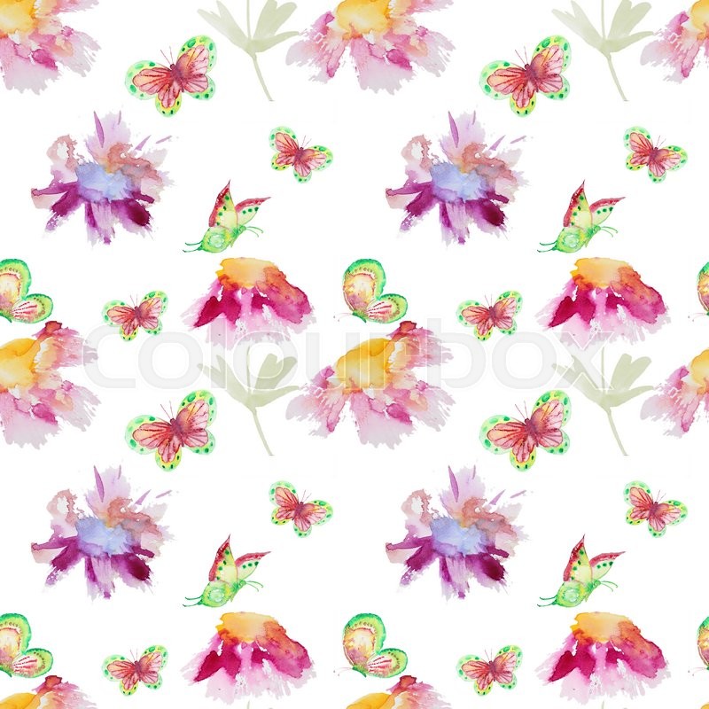 800x800 Seamless Watercolor Pattern With Blossom Flower And Butterfly - Watercolor Seamless Pattern