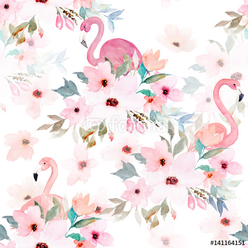 500x500 Watercolor Seamless Pattern. Floral Print With Flamingo Wall Mural - Watercolor Seamless Pattern