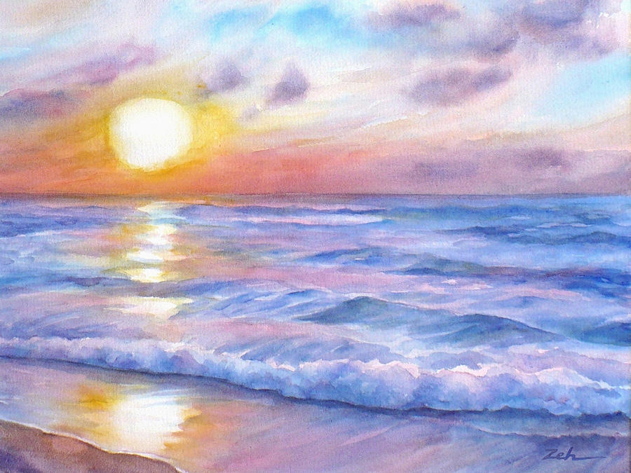 900x675 Sunset Beach Hawaii Seascape Painting By Janet Zeh - Watercolor Seascape