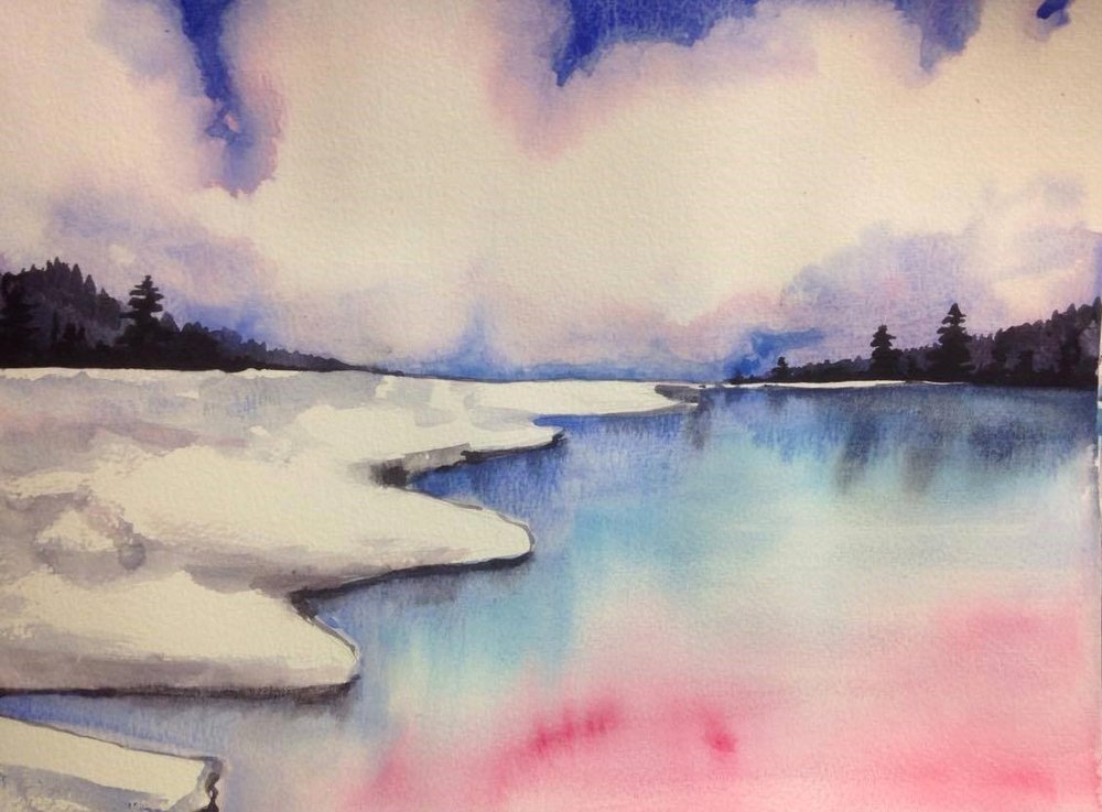 1000x737 Watercolor Seascape Calm Winter Maria Rizzo Art - Watercolor Seascape