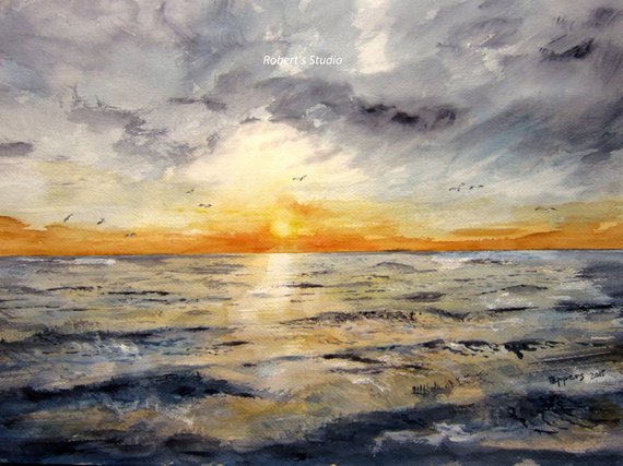 570x427 Watercolor Seascape Archival Print Landscape Painting Ocean Etsy - Watercolor Seascape