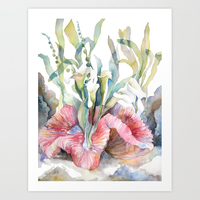 700x700 White Calla Lily And Corals Seaweed Watercolor Surreal Botanical - Watercolor Seaweed