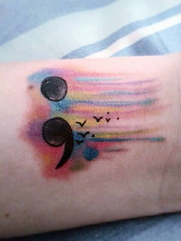 600x800 Watercolor Awesome Nice Semicolon Tattoo With Flying Black Birds - Watercolor Semicolon