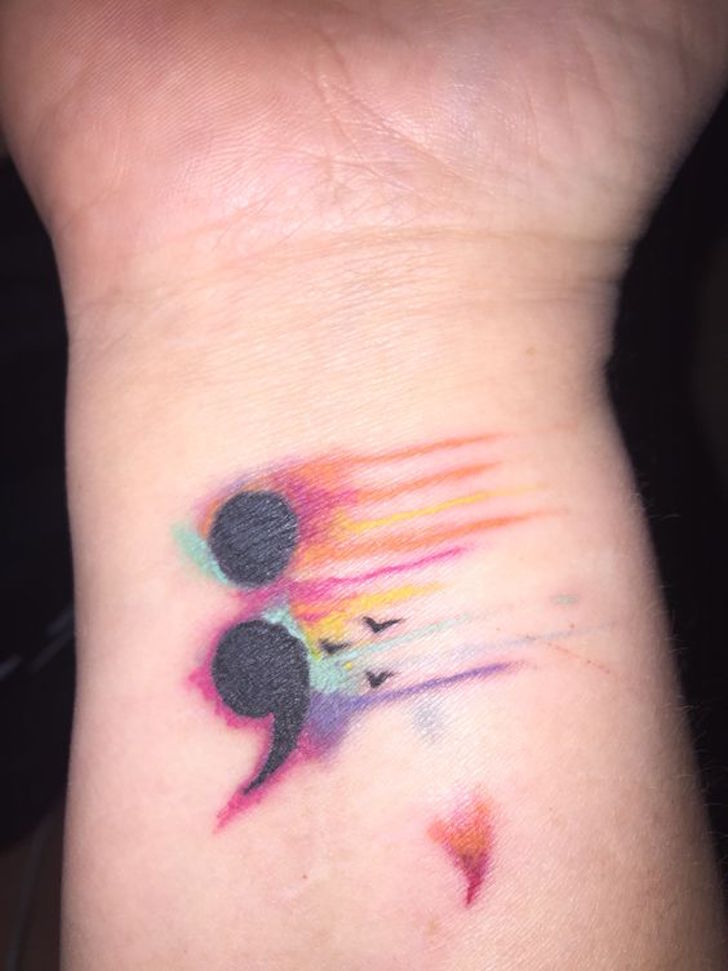 728x971 Watercolor Semicolon Tattoo On Right Wrist For Girls - Watercolor Semicolon