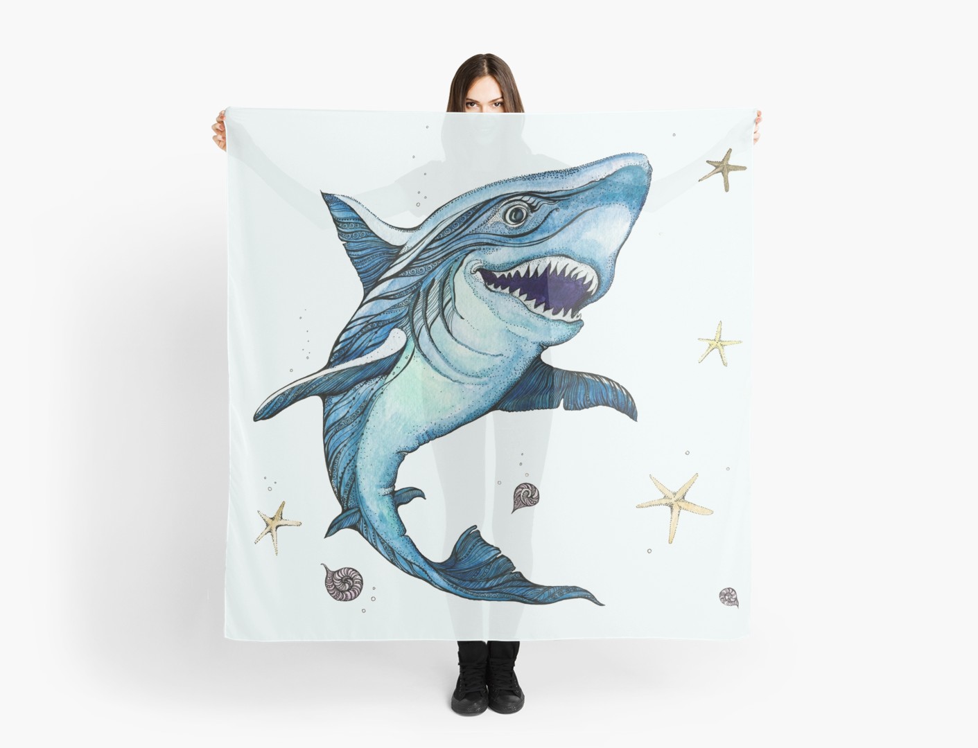 1411x1080 Hand Drawn Watercolor Shark Scarves By Kanvisstyle Redbubble - Watercolor Shark