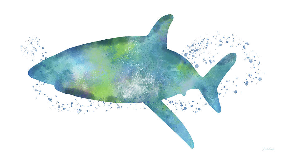 900x500 Blue And Green Watercolor Shark 1 Art By Linda Woods Painting By - Watercolor Shark