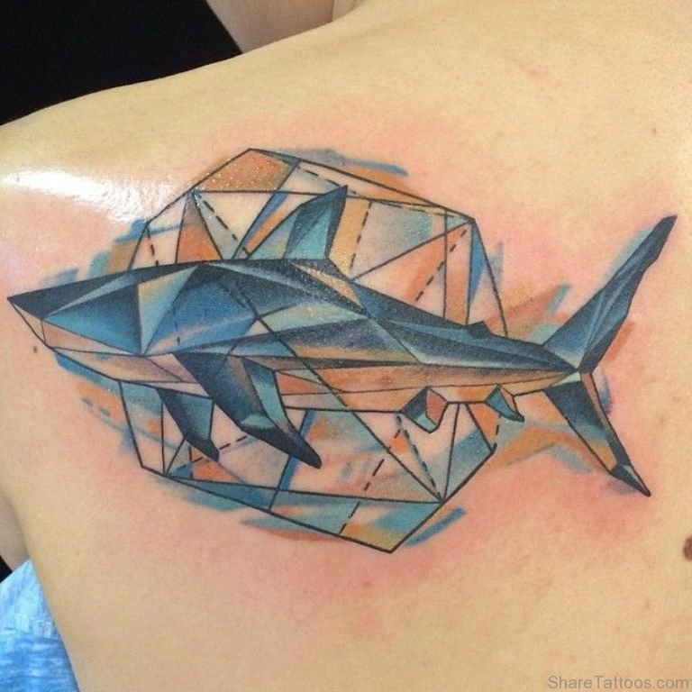 768x768 Watercolor Geometric Shark Tattoo On Left Back Shoulder - Watercolor Shark Tattoo