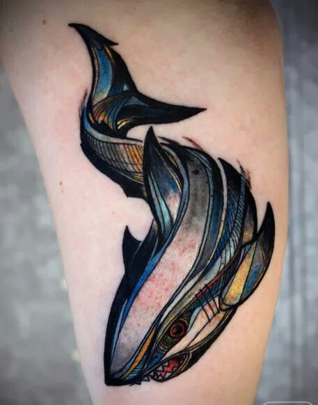 457x582 Watercolor Shark Tattoo On Left Arm - Watercolor Shark Tattoo