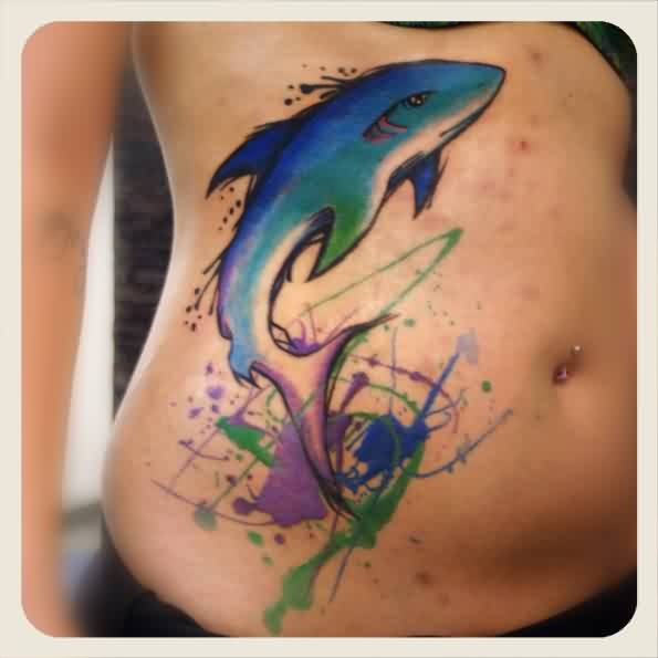 595x595 Cartoon Like Nice Colored Watercolor Shark Tattoo On Belly - Watercolor Shark Tattoo
