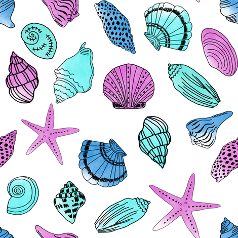 470x470 Shells Fabric Nautical Summer Shell Design Beach Summer Blue - Watercolor Shells
